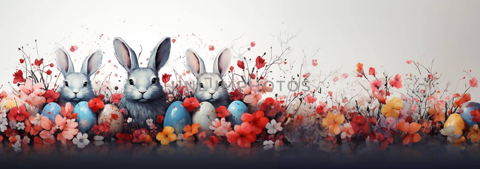 Happy easter! Easter bunny colorful spring flowers. cute classic illustrations of easter eggs in a field of flowers with Easter bunny, nest, bunnies and a festive frame with greeting text for a greeting card, poster or background Copy space