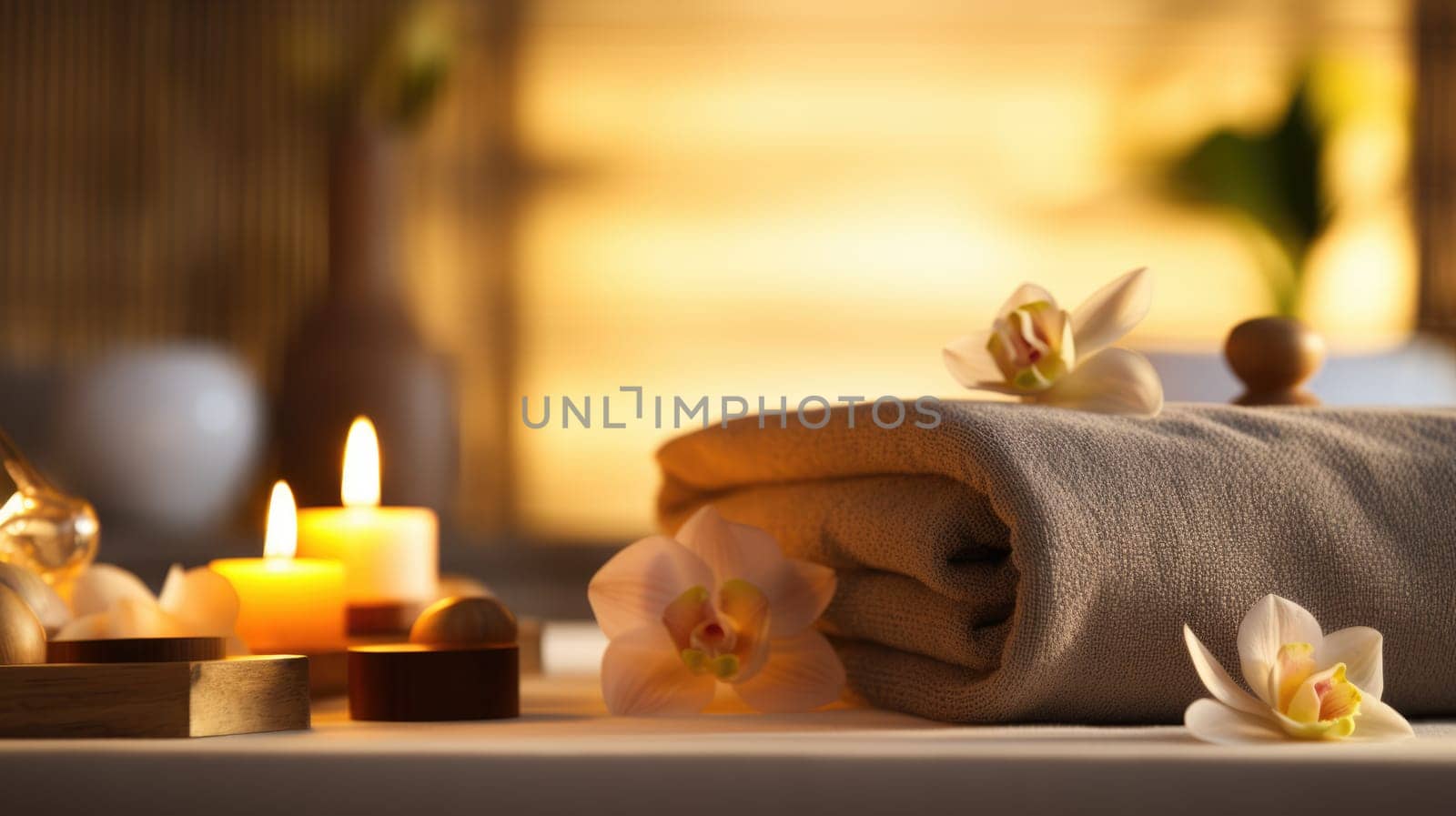 Thai massage spa objects, wellness and relaxation concept. Aromatherapy body care. Towel, burning candles, tropical flowers AI