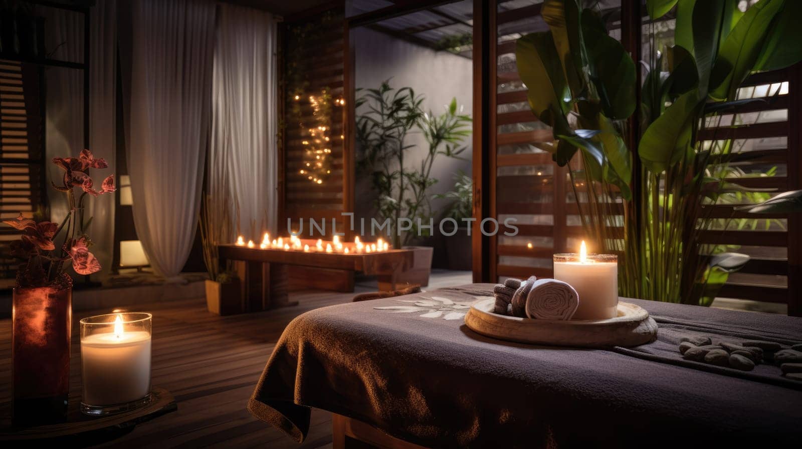Spa salon for Thai massage interior. Blurred background. Cozy room by natali_brill