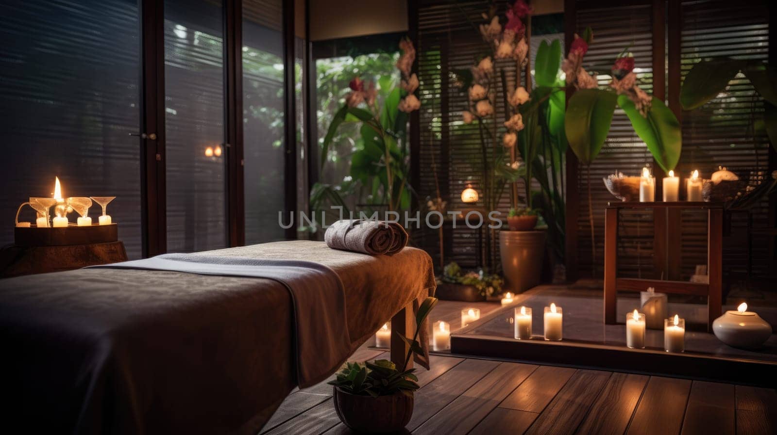 Spa salon for Thai massage interior. Blurred background. Cozy room by natali_brill