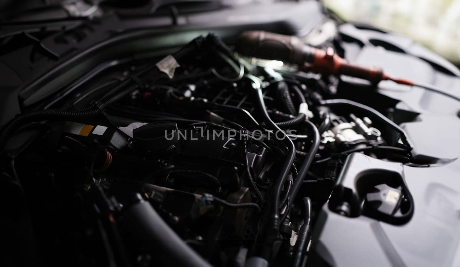 New car engine closeup. Powerful engine of modern car concept