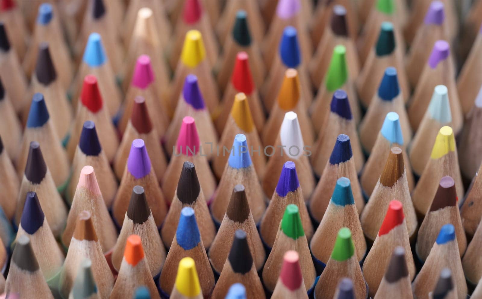 Closeup of many multicolored sharp wooden pencils. Fine arts for children concept