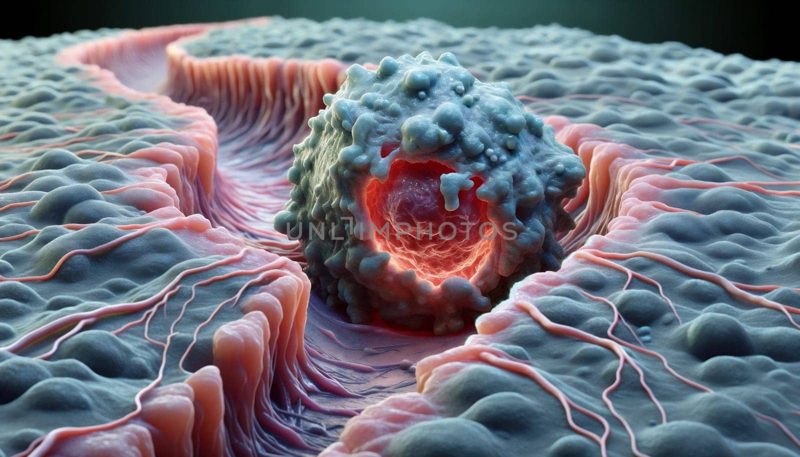 The Infiltration of a Cancer Cell into Surrounding Tissue – A Detailed Depiction Generated by AI by Crevis