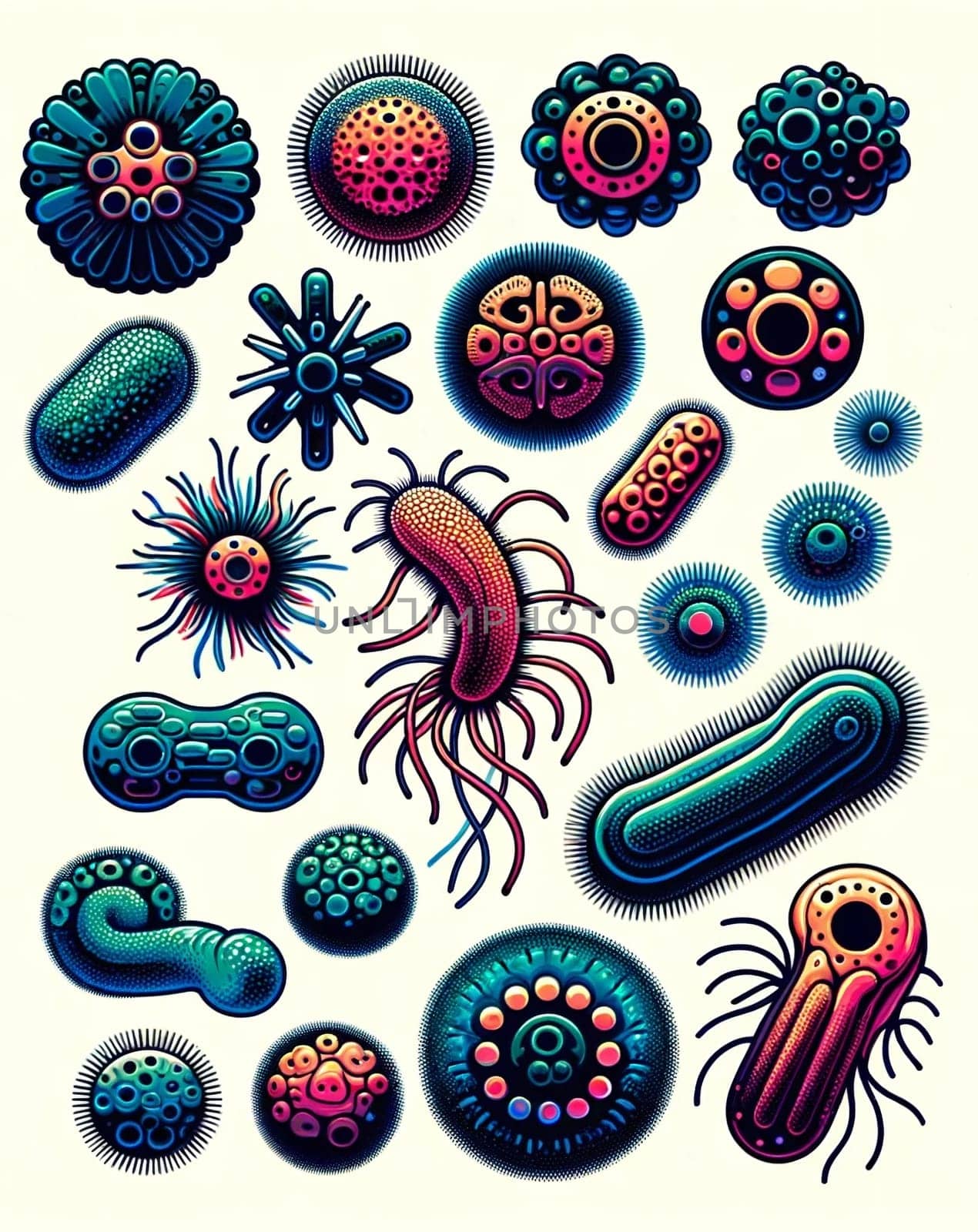 An imaginative, AI-generated composition featuring a variety of whimsical microbes, bacteria, and cells against a white backdrop, artistically rendered.
