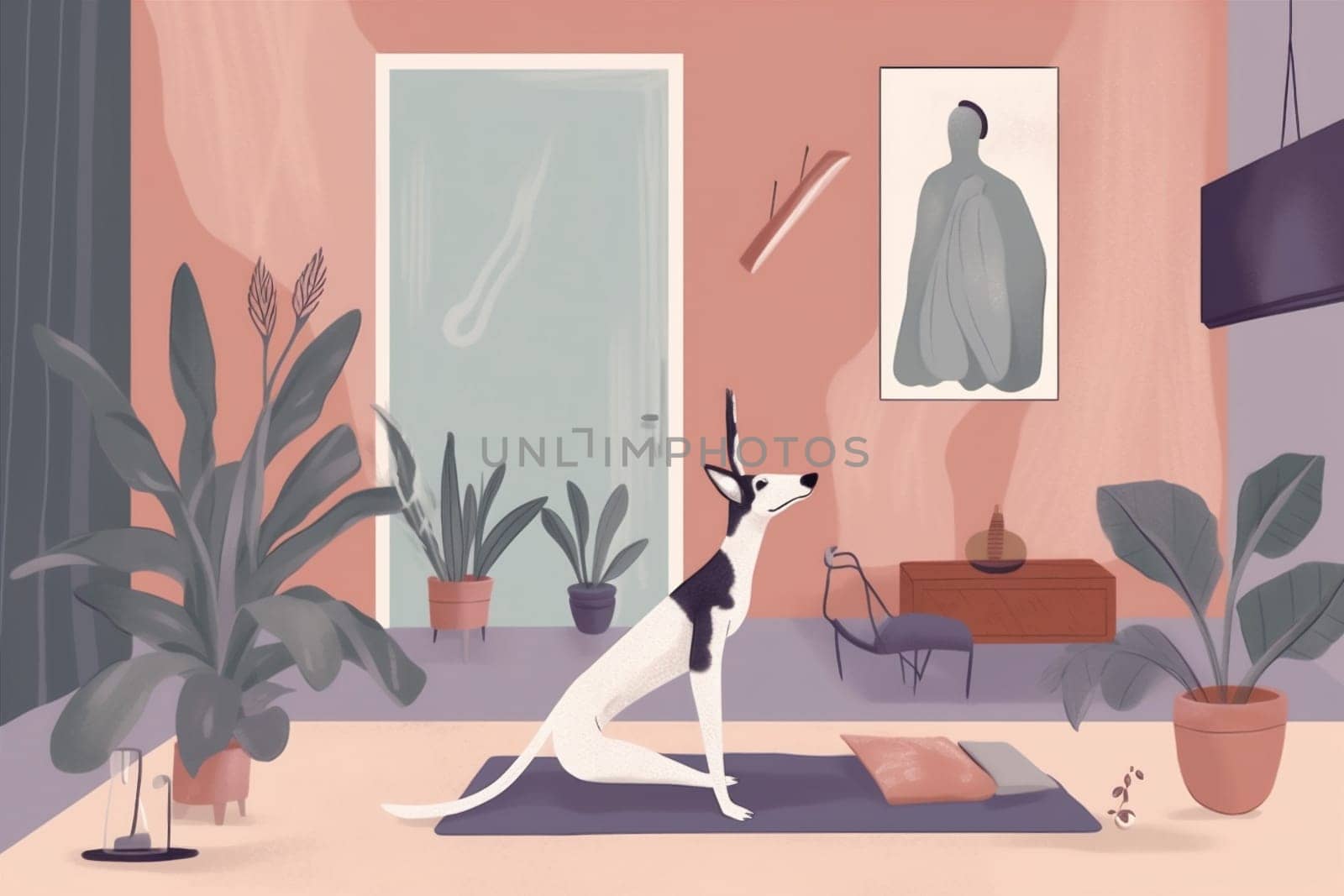 woman dog training healthy wellness female home sport cartoon body indoor position pose yoga health flat puppy cat fitness character lifestyle. Generative AI.