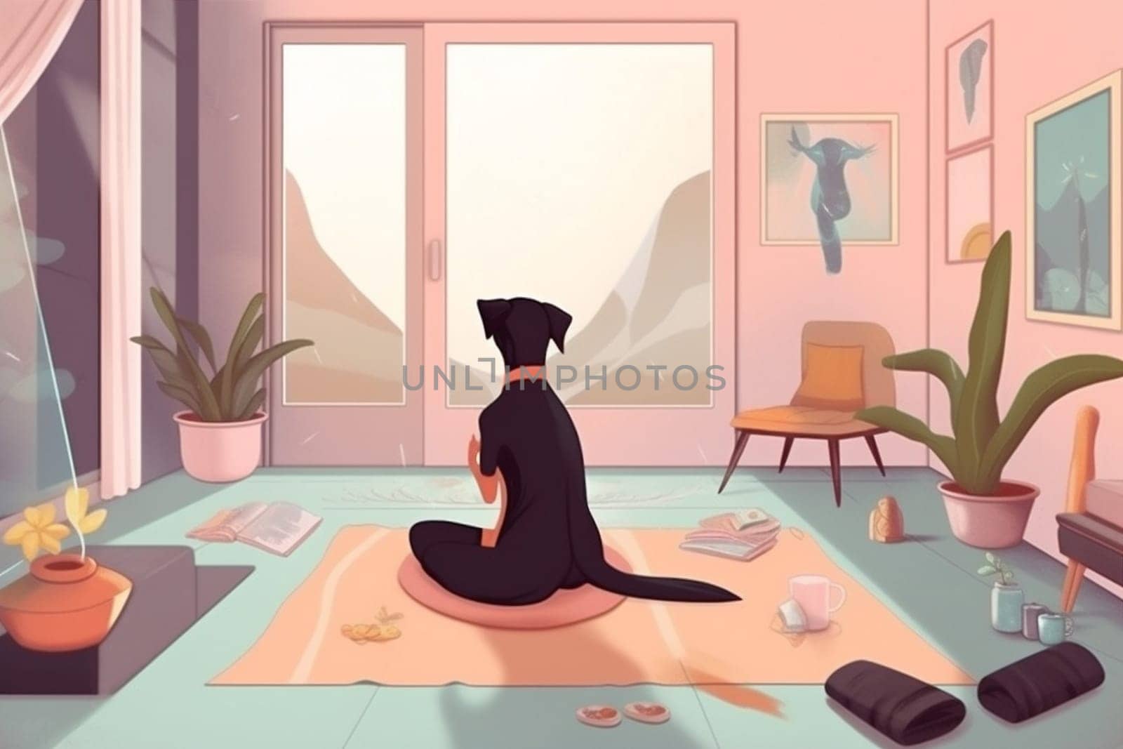 woman dog young indoor fitness position illustration cartoon training yoga flat character exercise sport lifestyle pose body relax home zen practice. Generative AI.