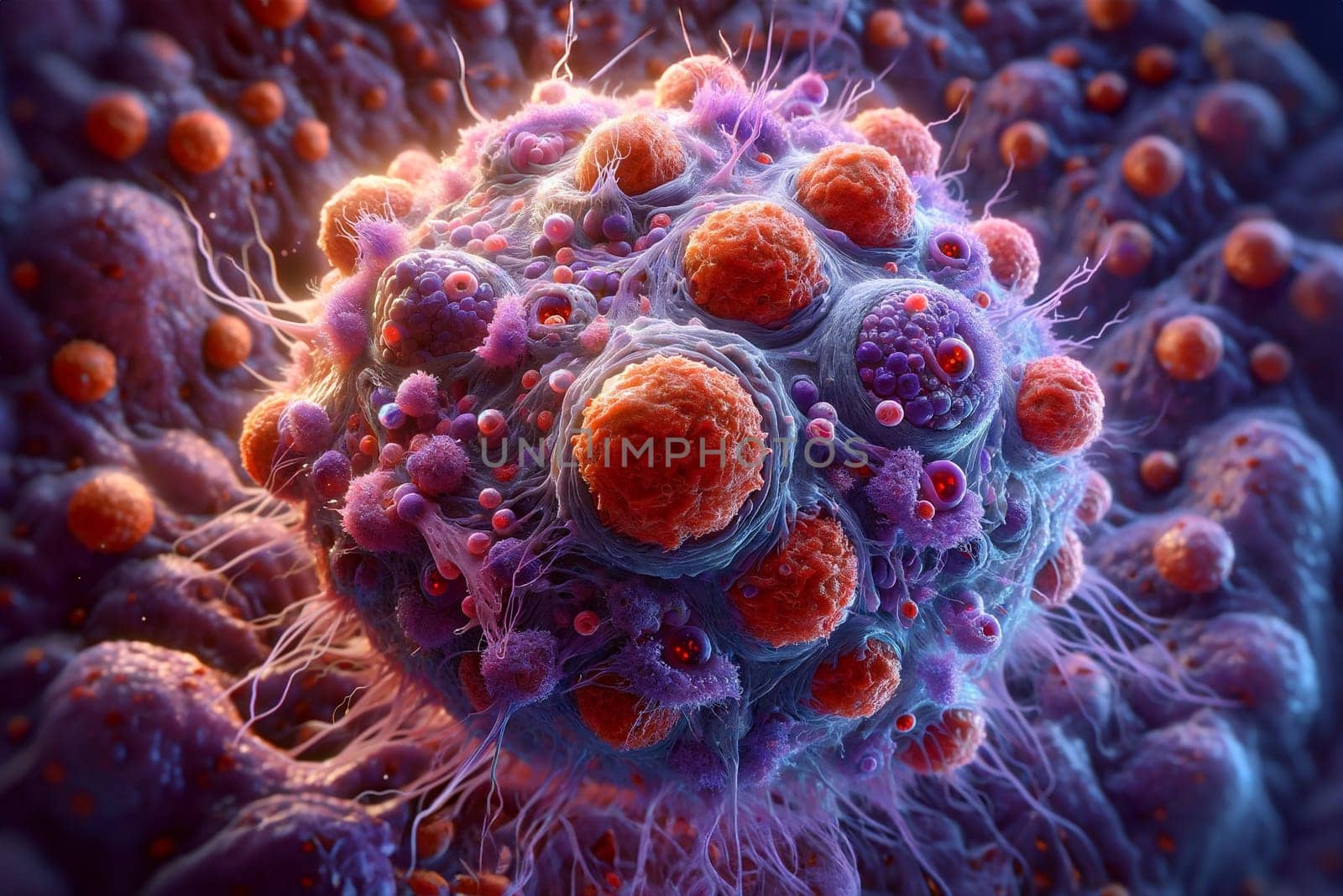 Discover intricate cancer cell anatomy with advanced AI rendering, unveiling hidden details for groundbreaking medical insights.