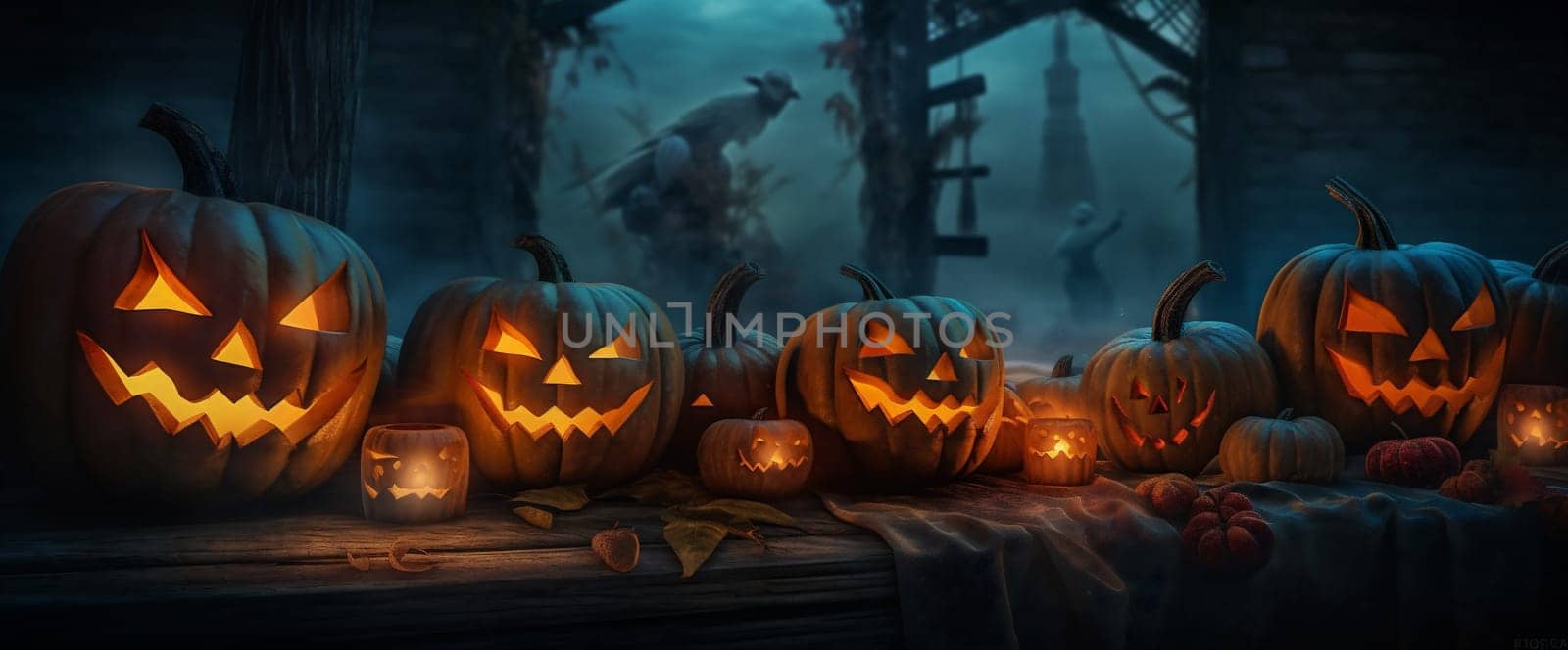 night table evil background grunge lantern cemetery haunted pumpkin mystery october blue halloween poster silhouette forest fear horror jack-o-lantern copyspace autumn. Generative AI.