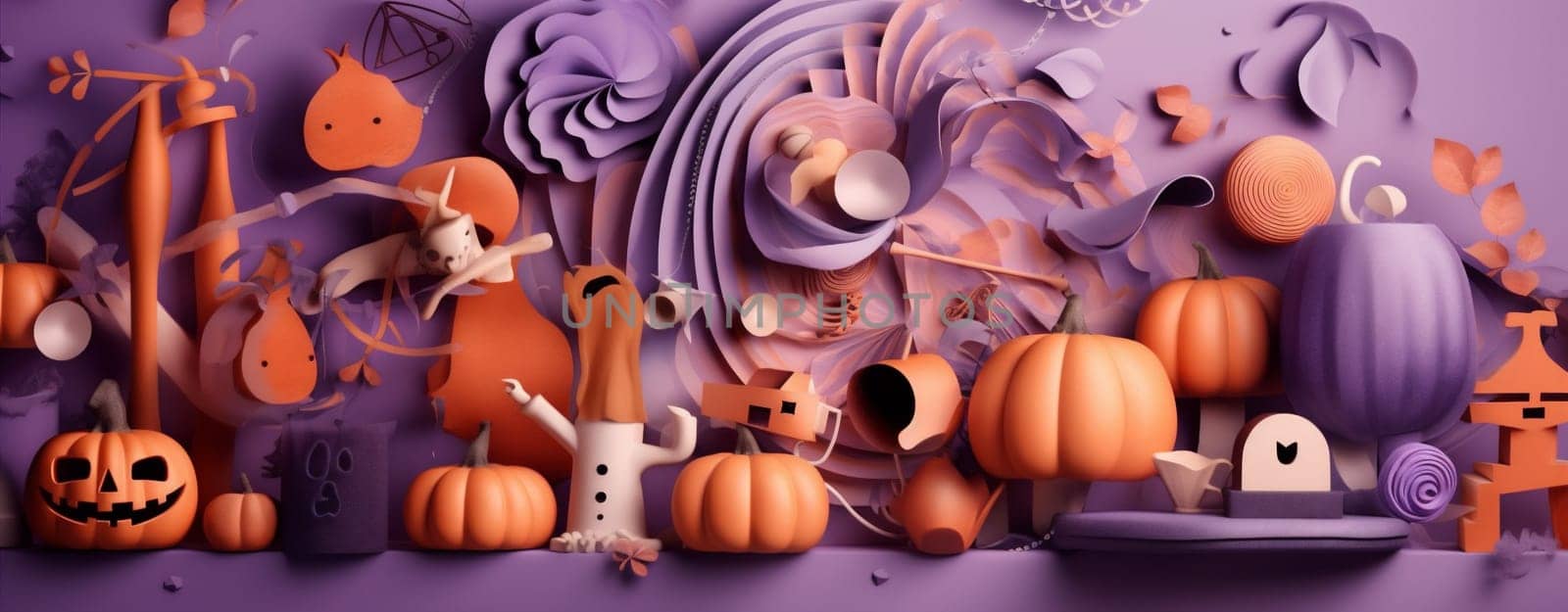 celebration party halloween candy sweet purple orange pumpkin spider holiday. Generative AI. by Vichizh