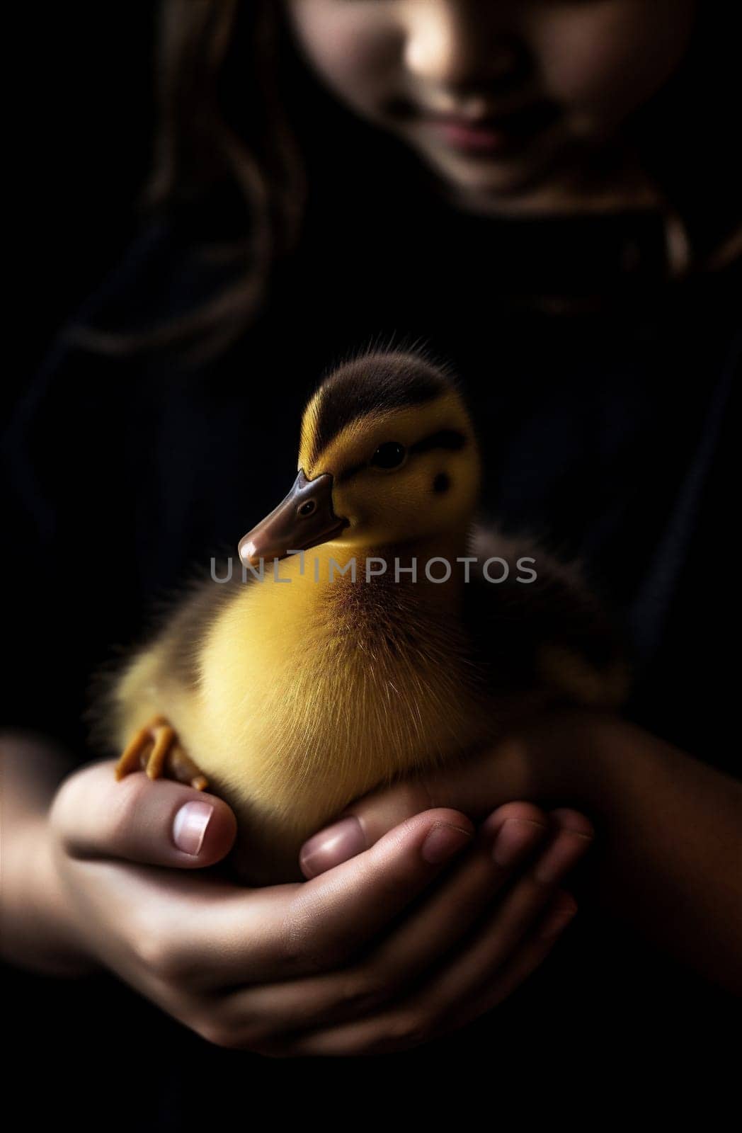 yellow child close-up farm duckling hand duck bird little girl. Generative AI. by Vichizh