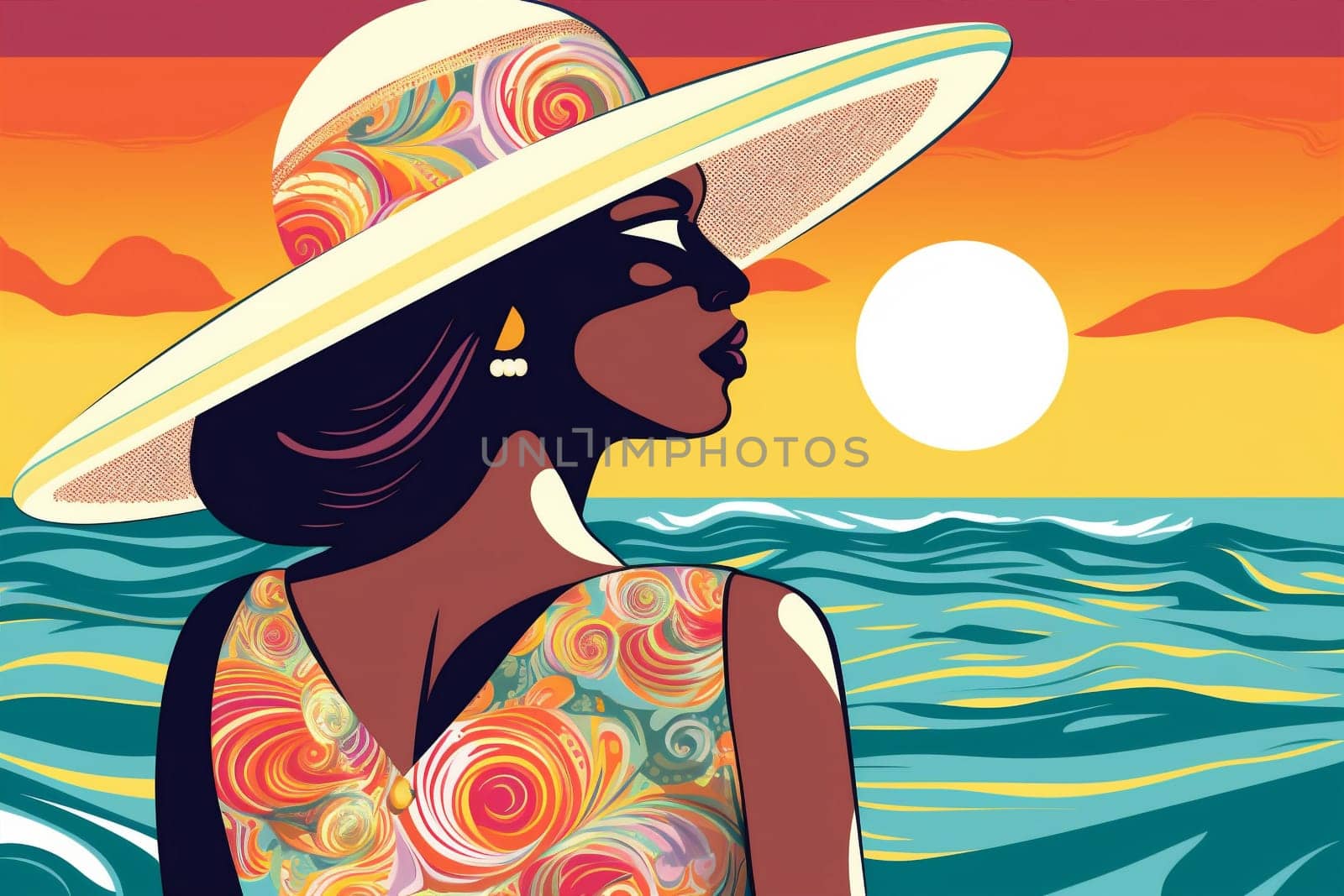woman beige vacation beach holiday cartoon concept young art background illustration hat american model african tanned hair beauty design summer poster black. Generative AI.