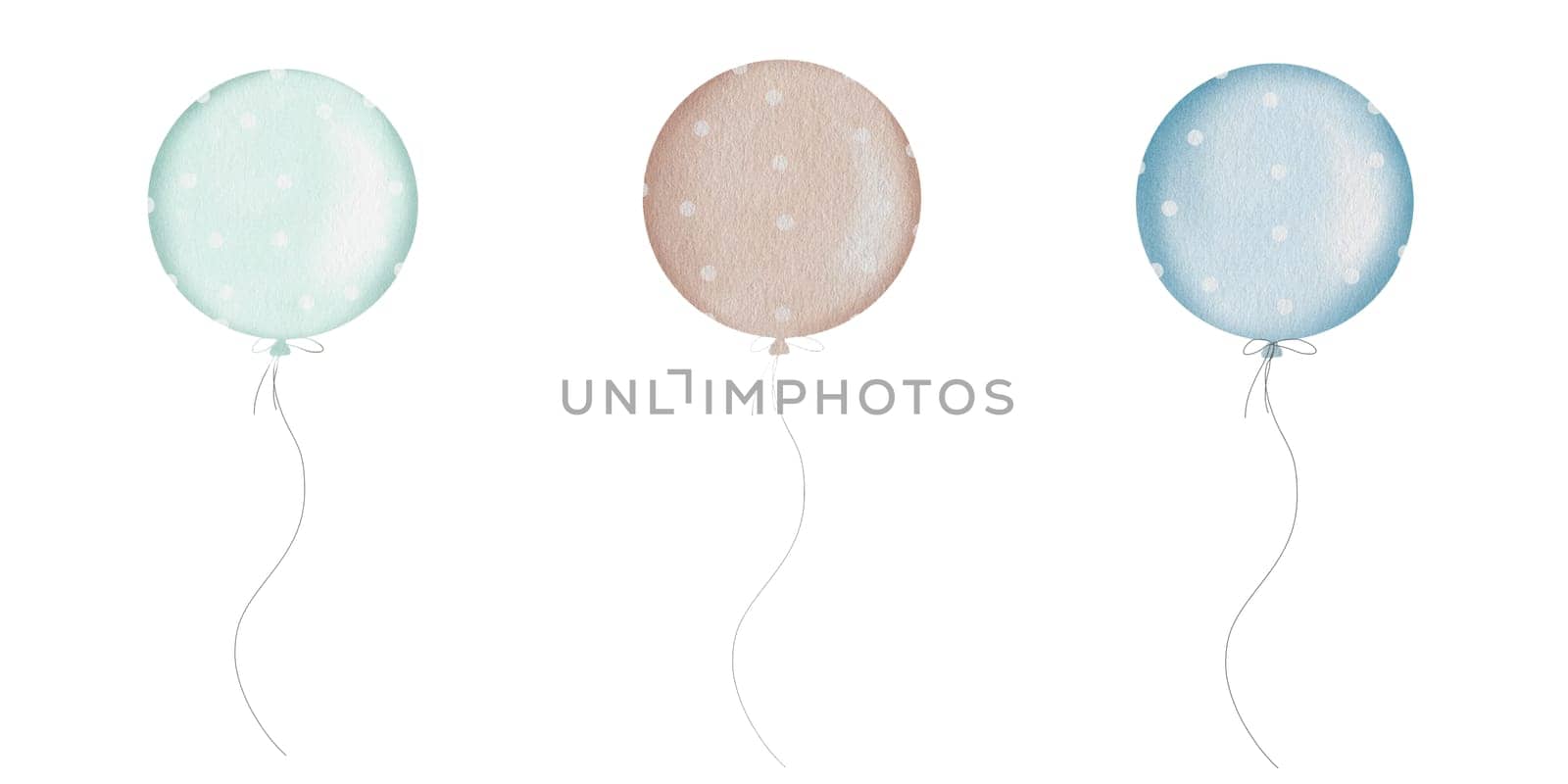 Set of watercolor balloons in pastel colors with white polka dots. For designing cards and banners for baby shower. High quality photo