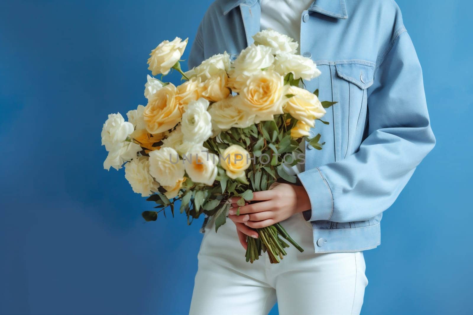 woman blue sweater yellow romantic bouquet giving white floral hand flower. Generative AI. by Vichizh
