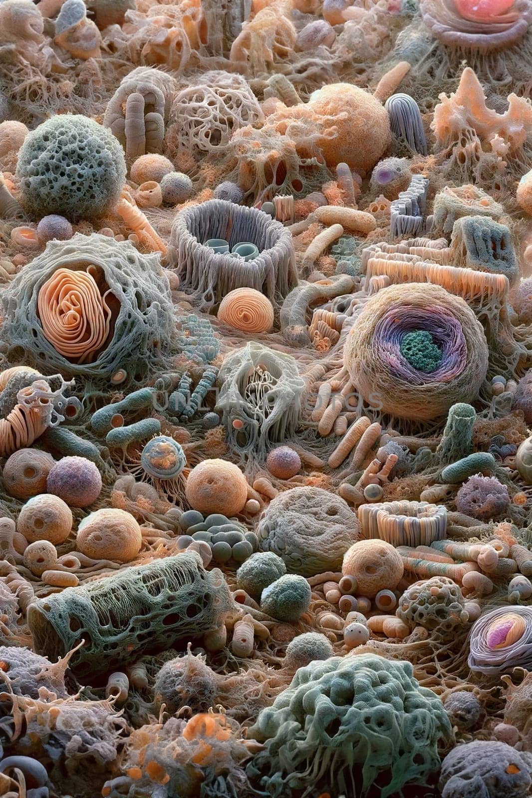 An intricate, highly-detailed portrayal of cells and tissue, revealing the mesmerizing complexity and structures within the biological world, AI-generated