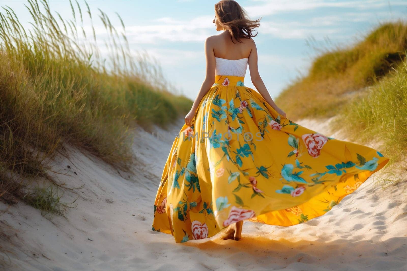 woman person beautiful lifestyle model summer nature sunlight dress fashion paradise holiday sunset beach back fashionable sea hippie sky yellow young. Generative AI.