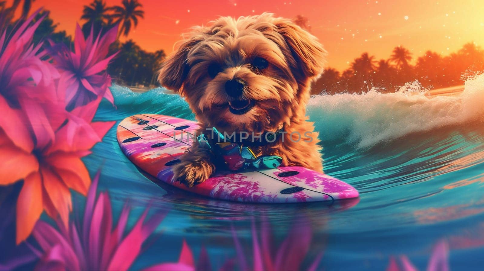 funny dog ocean trip board travel wave humor animal vintage puppy surfer sand pet vacation summer ai flower joke beach. Generative AI.