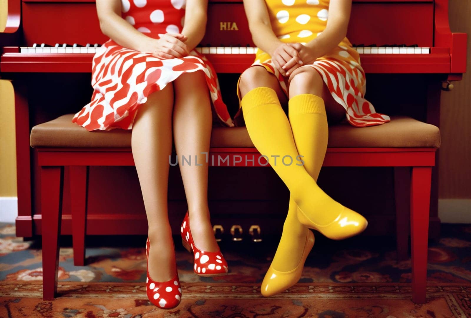 woman legs glamour colourful performance model keyboard foot pretty slim modern piano vintage elegant red player trend young fashion song girl. Generative AI.