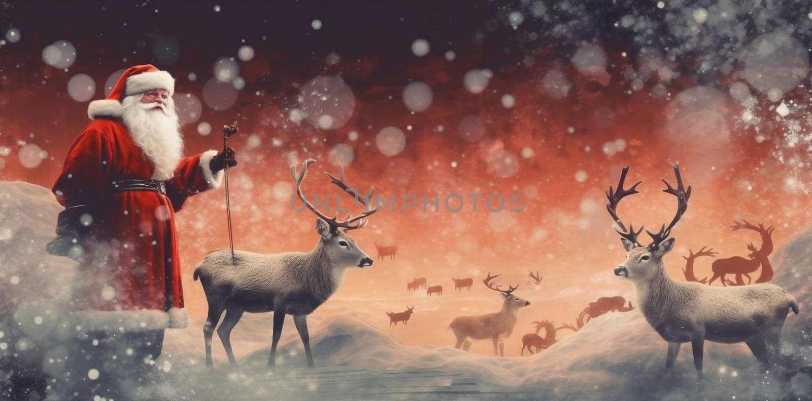 card christmas illustration greeting poster postcard reindeer snow victorian claus holiday retro banner deer santa north sleigh vintage drawing gift. Generative AI.