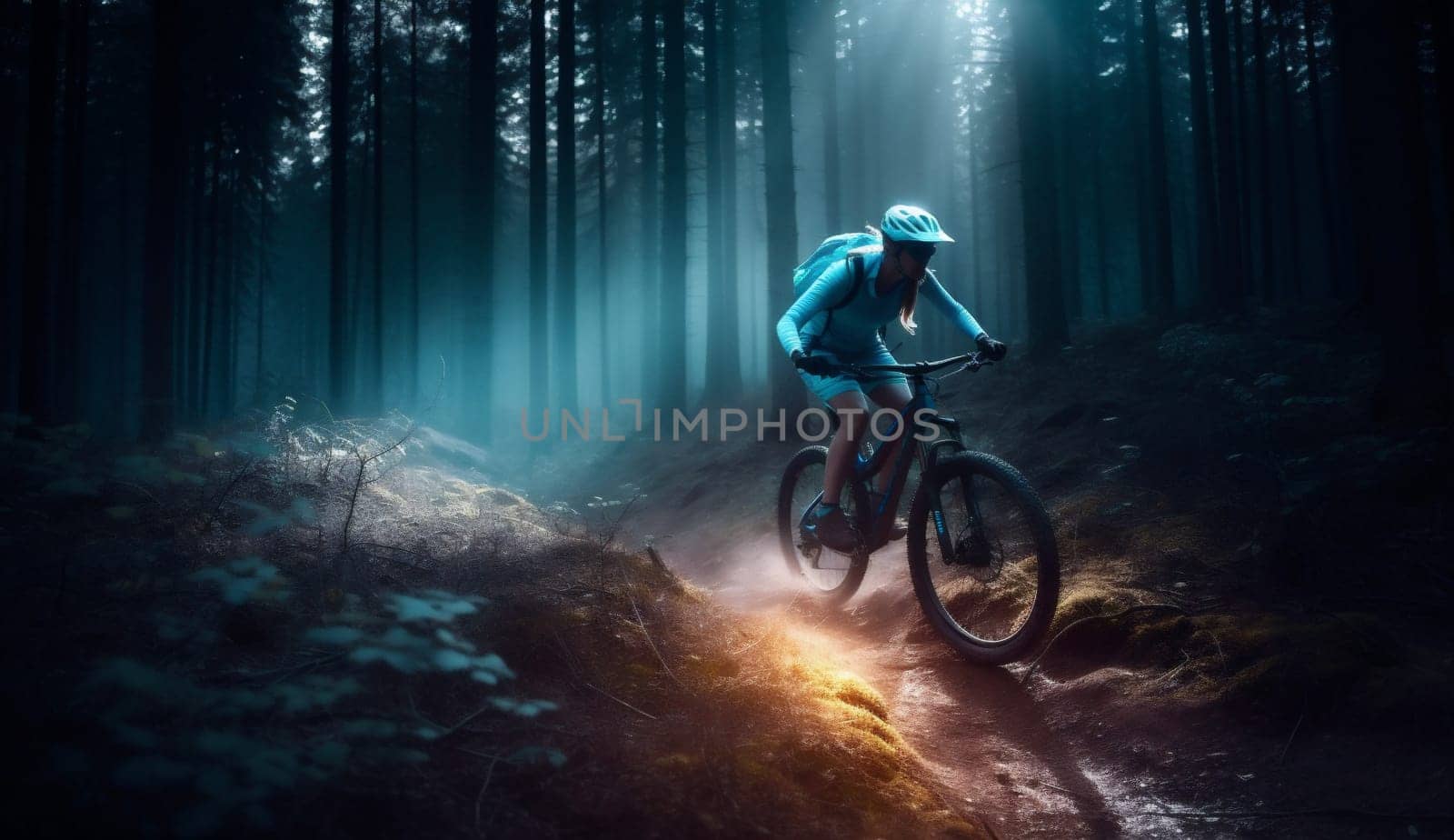 woman helmet outdoors summer female sport road walk girl sunset forest trail dark bicyclist person cycling cycle bicycle bike walking nature. Generative AI.