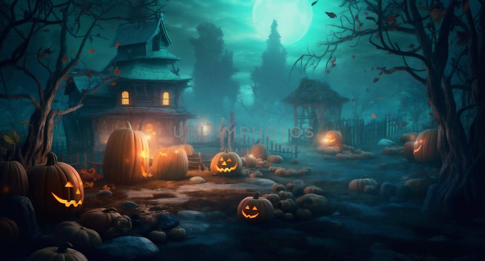 night cemetery grave halloween moon bat pumpkin holiday horror dark. Generative AI. by Vichizh