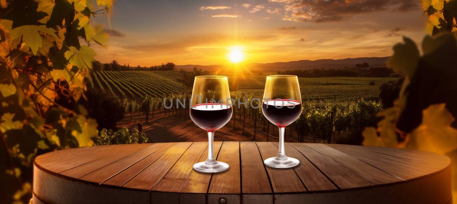 beverage food sunset alcohol celebration vintage glass drink harvest grape wine winery romance autumn bottle wooden bar outside sun barrel. Generative AI.