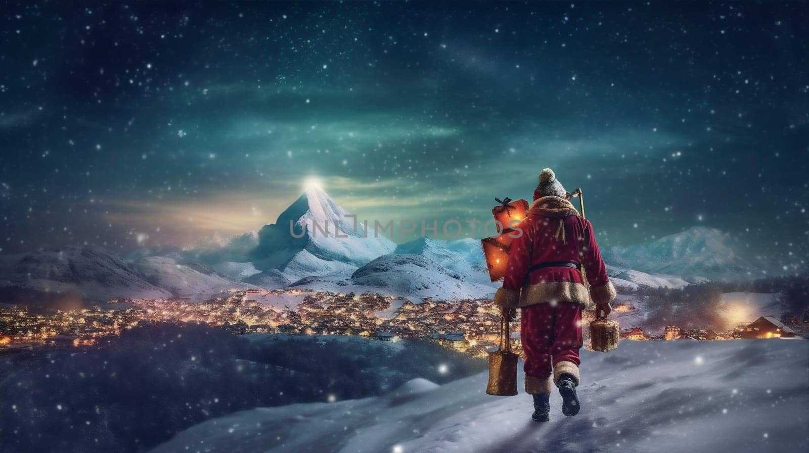 bag night background nature snow travel holiday christmas mountain snowfall costume santa sky present concept winter person adventure eve red. Generative AI.