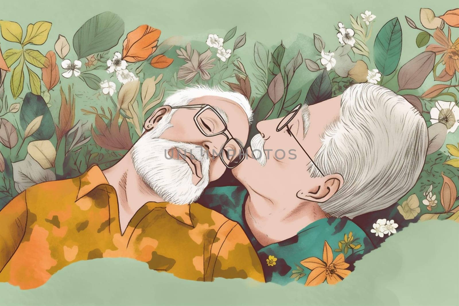 couple woman man adult asleep romantic cartoon together retired husband elderly lying book grandmother retirement happy bed love character home old pillow. Generative AI.