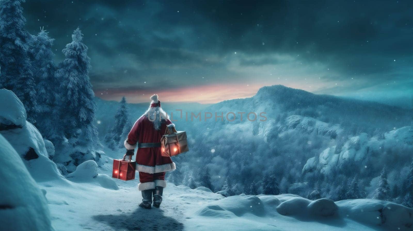 santa mountain holiday snow costume nature winter sky night christmas. Generative AI. by Vichizh