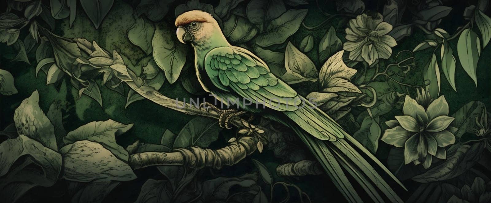 flower bird tropical palm wallpaper jungle nature leaf art exotic. Generative AI. by Vichizh