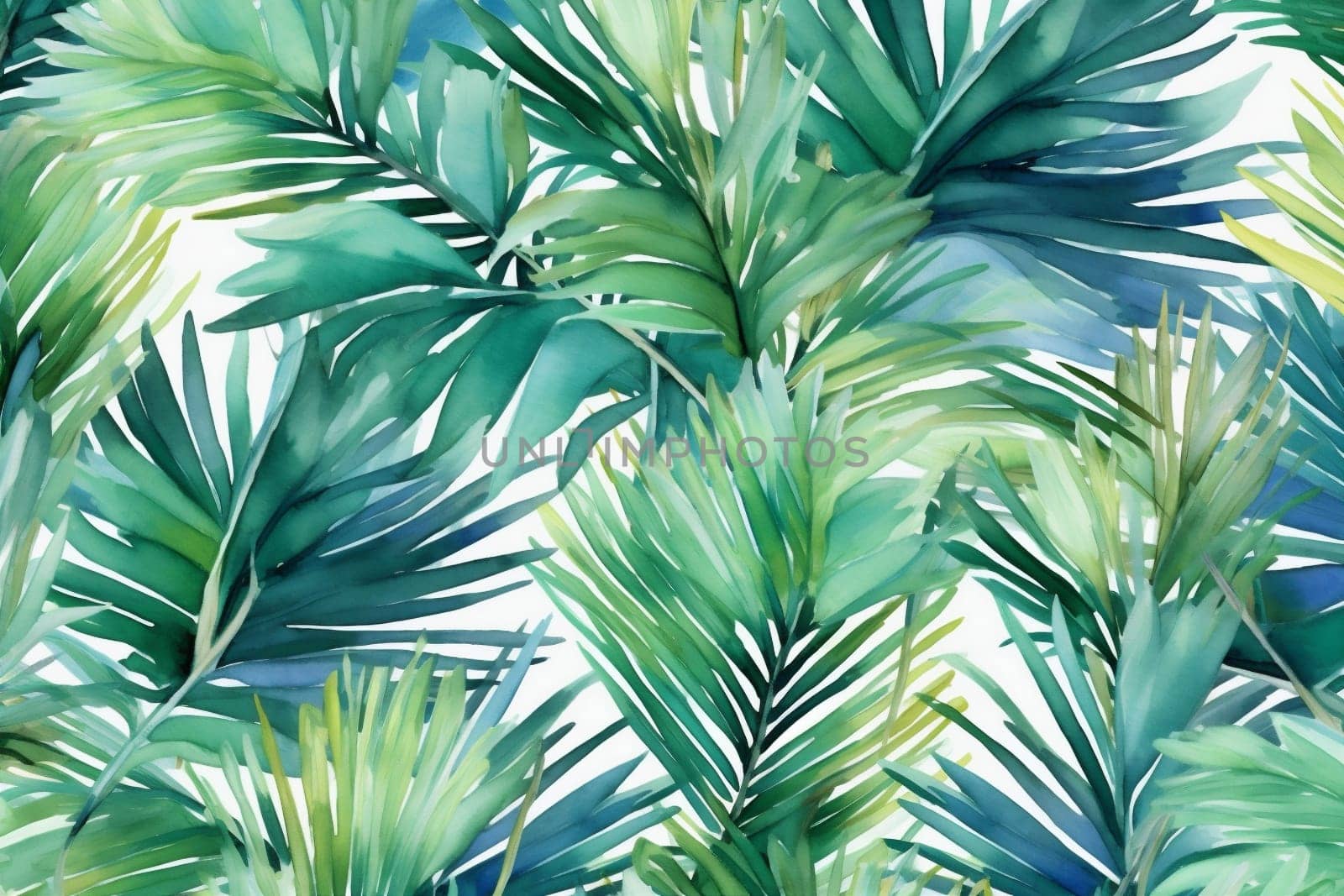 garden watercolor retro jungle color wallpaper leaf tree silhouette green seamless design background palm beach summer trendy tropical fashion botanical pattern. Generative AI.