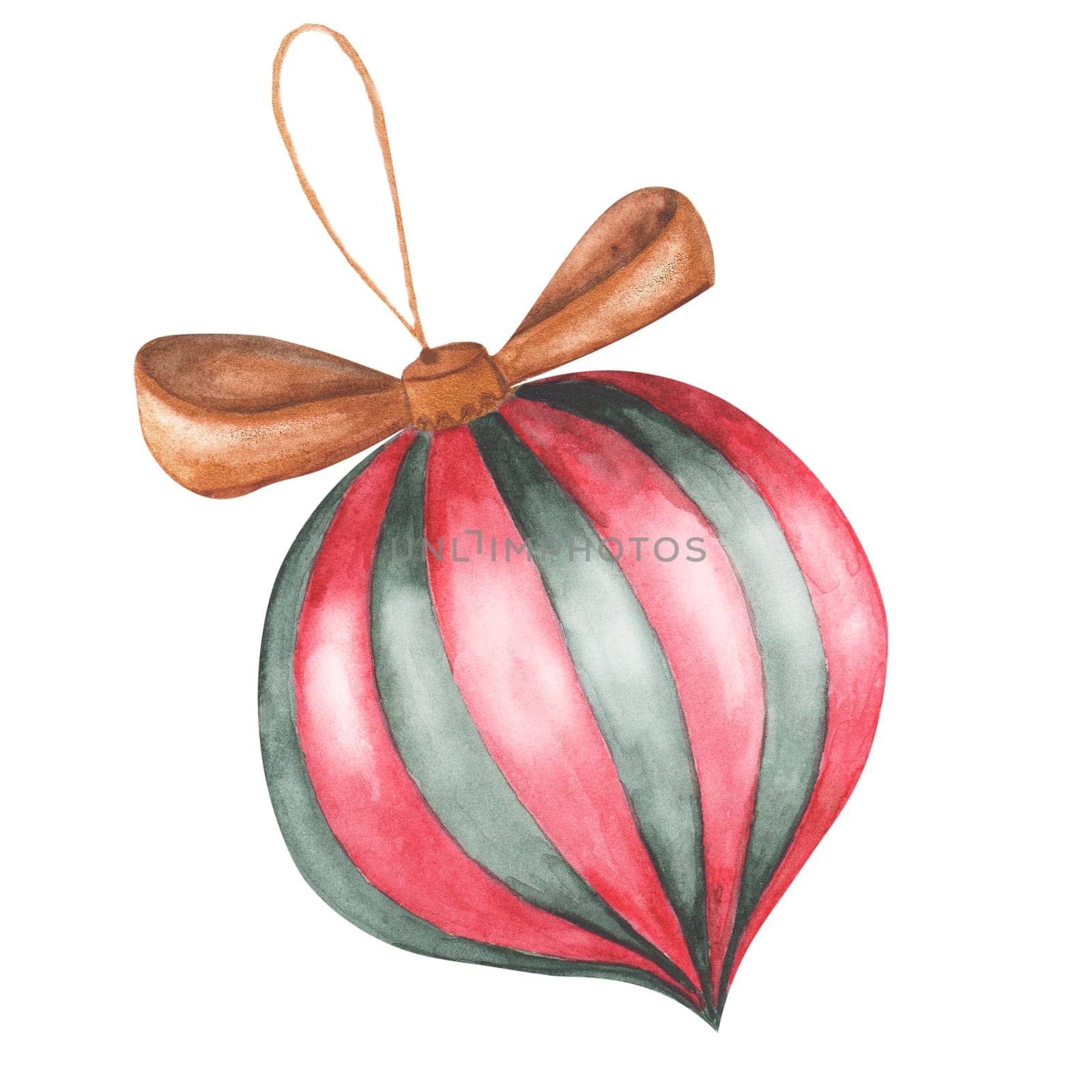 Watercolor drawing of a New Year's toy on the Christmas tree. Elegant vintage balloon with green and red stripes and a gold bow. For decorating cards and invitations. Glass New Year's ball.