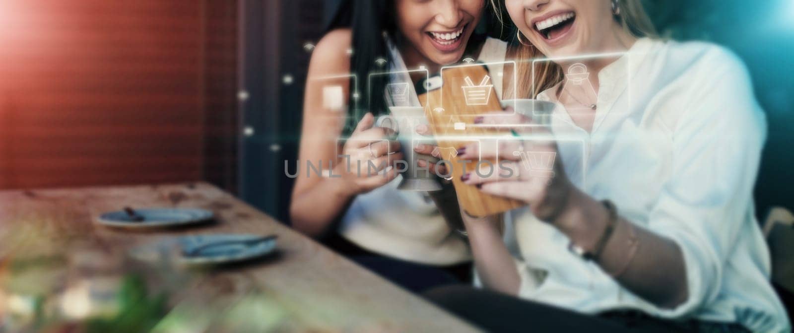 Women, phone or online shopping hologram on app, ecommerce website or futuristic e commerce. 3d, abstract or overlay on mobile technology for smile, happy or laughing friends on retail store in cafe by YuriArcurs