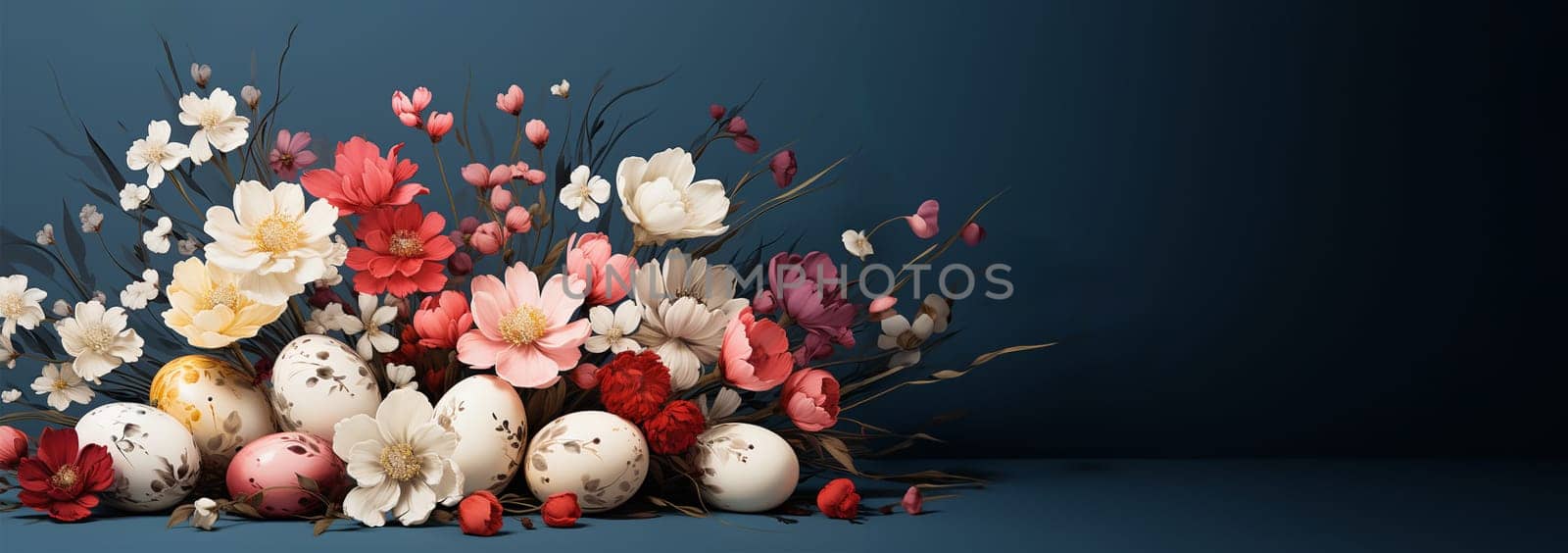 Happy Easter watercolor painted eggs, spring flowers and in pastel colors on light soft pink and white background. Isolated Easter watercolor decor elements Happy Easter Holiday concept Copy space