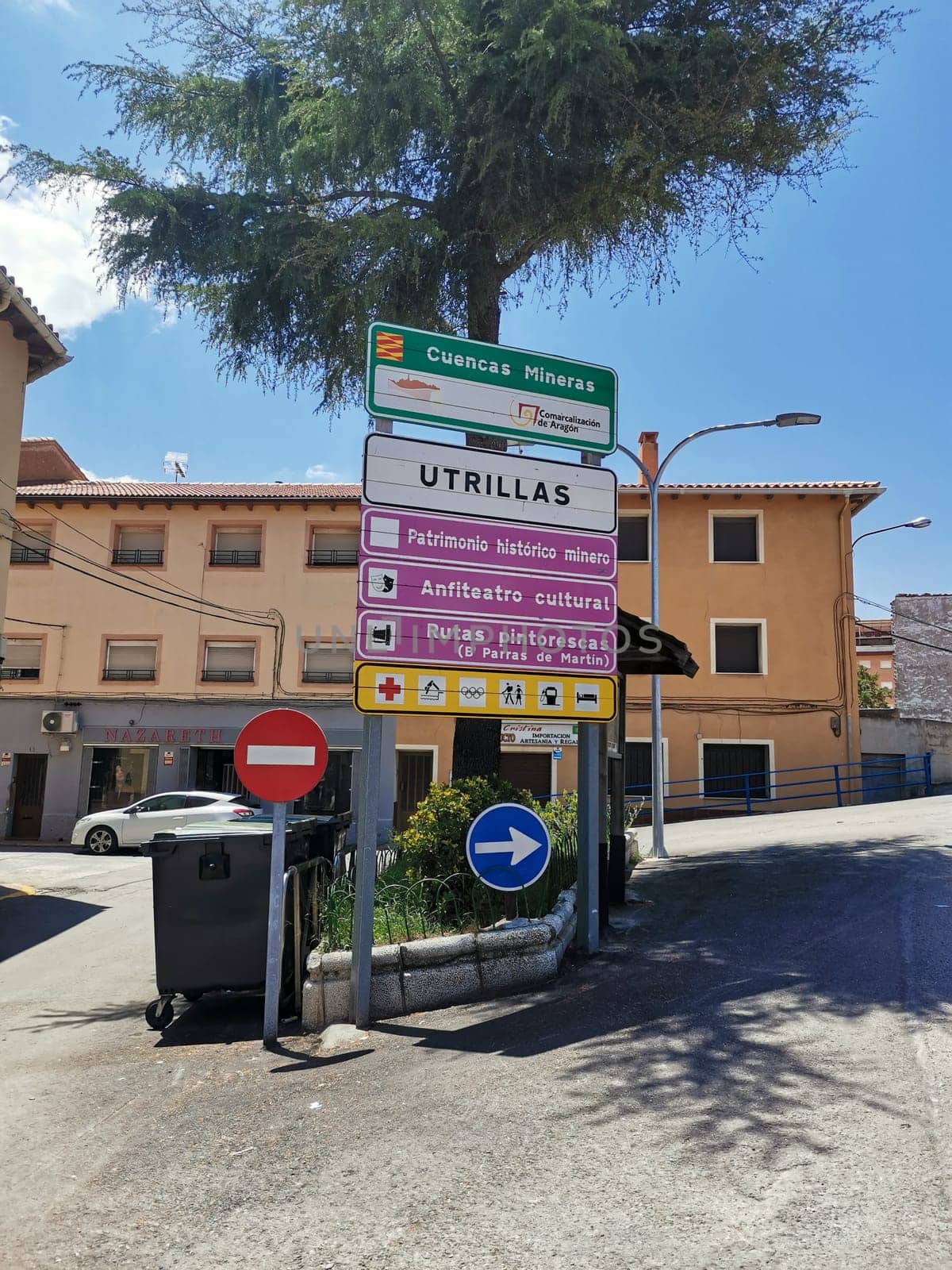 signs at the entrance to the town of utrillas, Teruel Spain