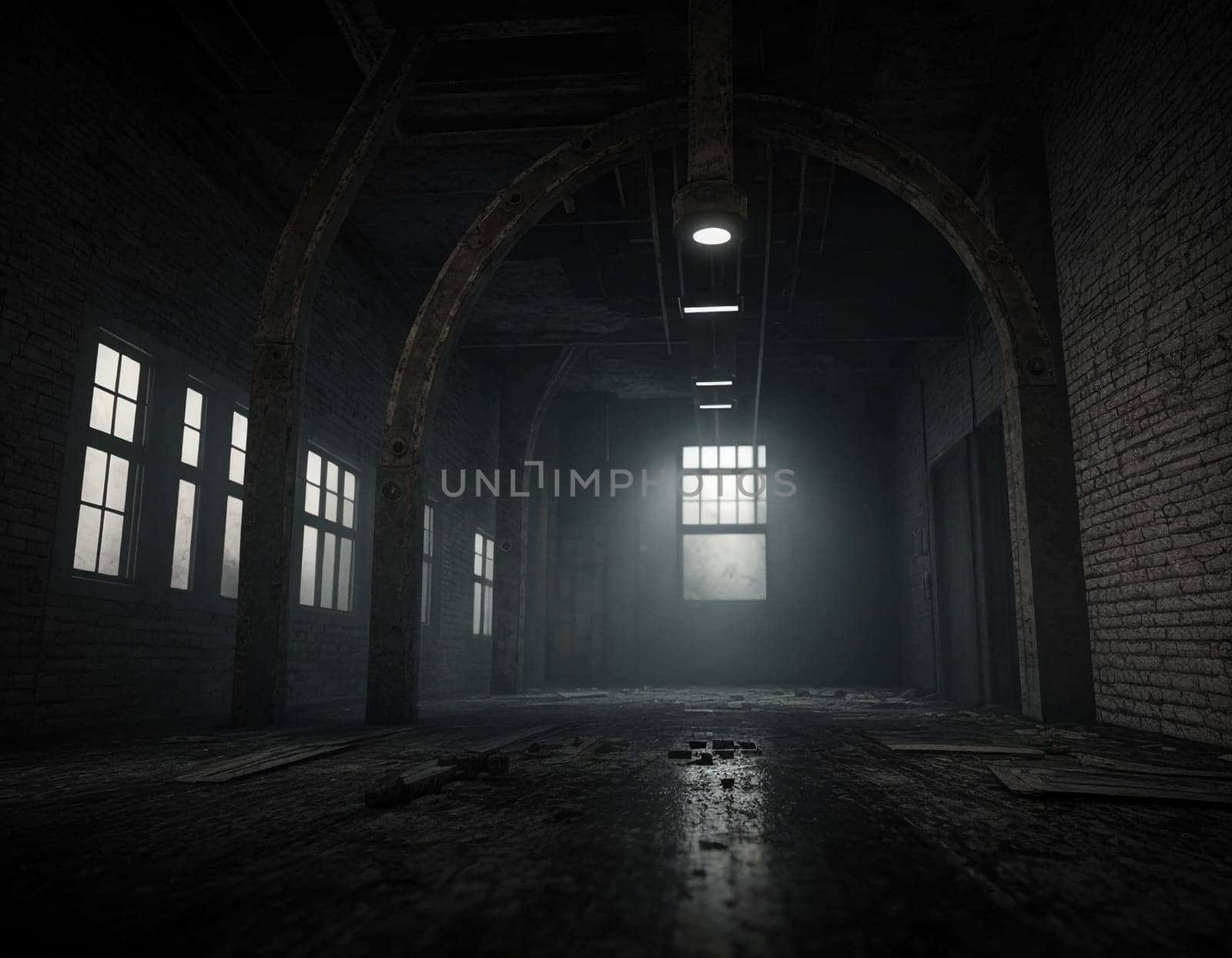 A gloomy abandoned factory. Deep and rich colors. Dynamic light