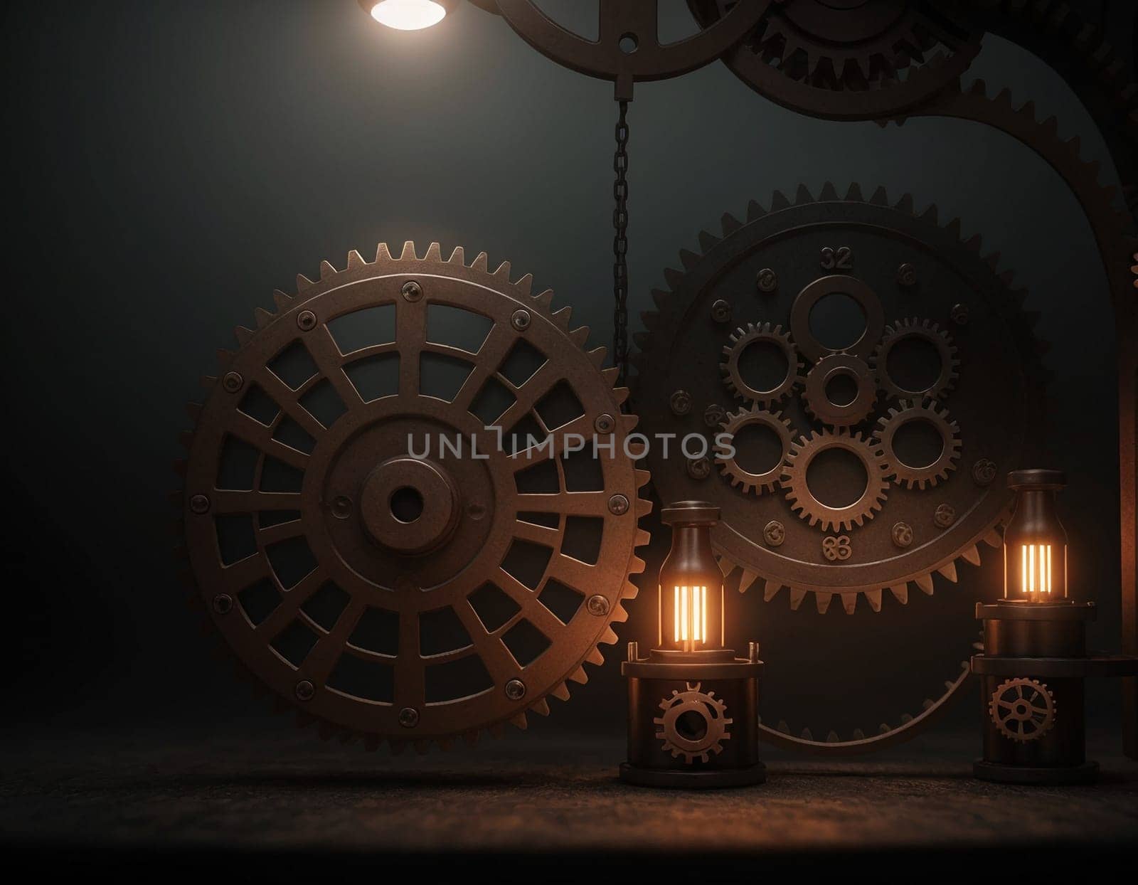 A gloomy background in the style of dystopia and steampunk. Vintage gears and mechanisms in an abandoned factory