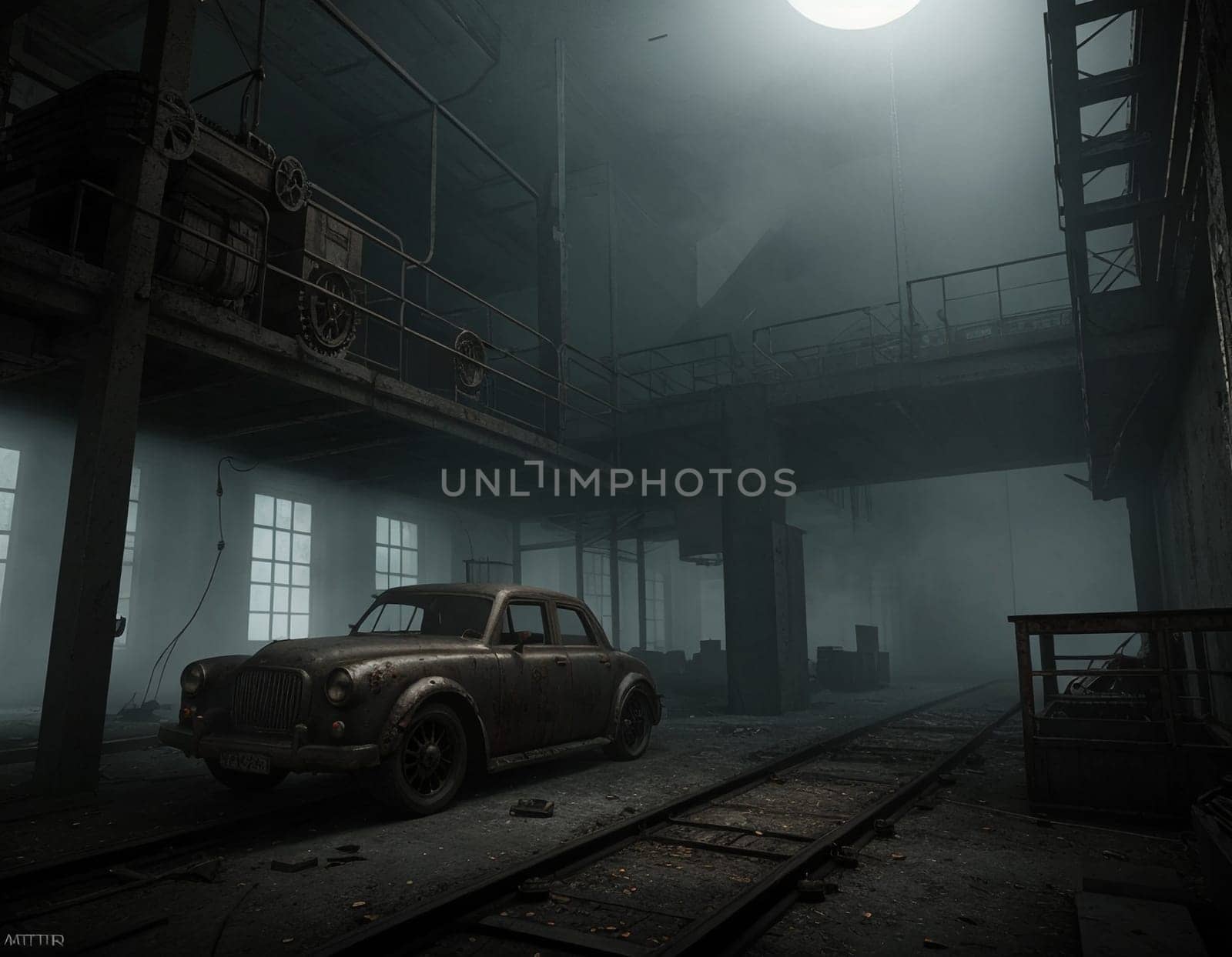 A car on the ruins of an abandoned futuristic city.Gloomy abandoned buildings. Deep and rich colors