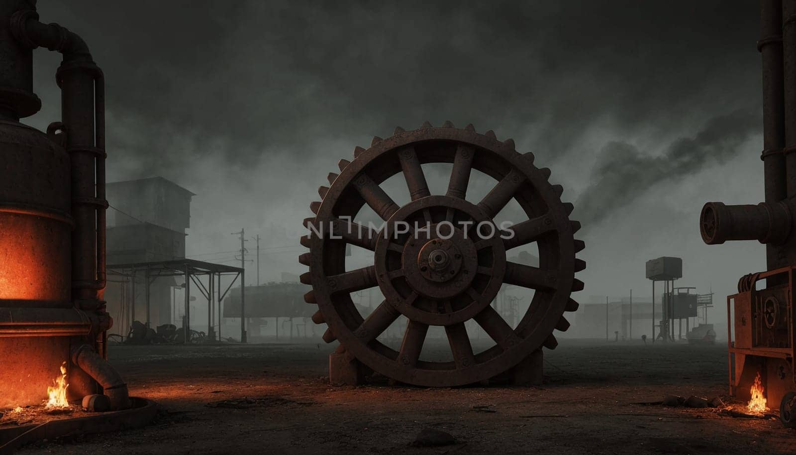 A gloomy background in the style of dystopia and steampunk. Vintage gears and mechanisms in an abandoned factory