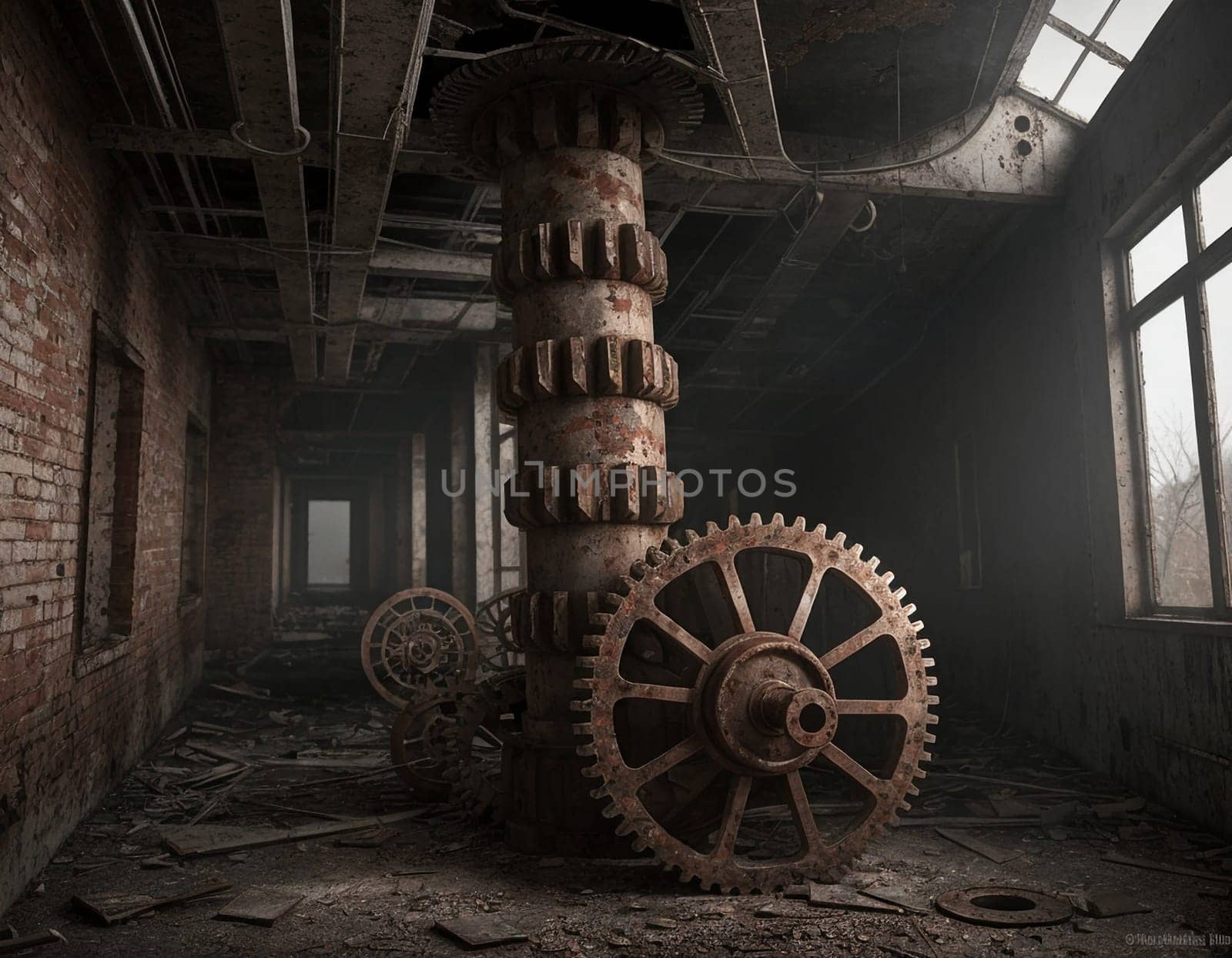 A gloomy background in the style of dystopia and steampunk. Vintage gears and mechanisms in an abandoned factory