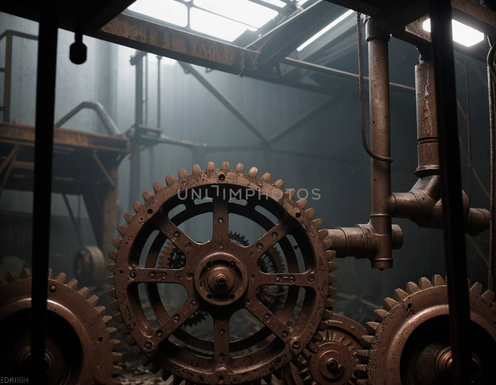 A gloomy background in the style of dystopia and steampunk. Vintage gears and mechanisms in an abandoned factory