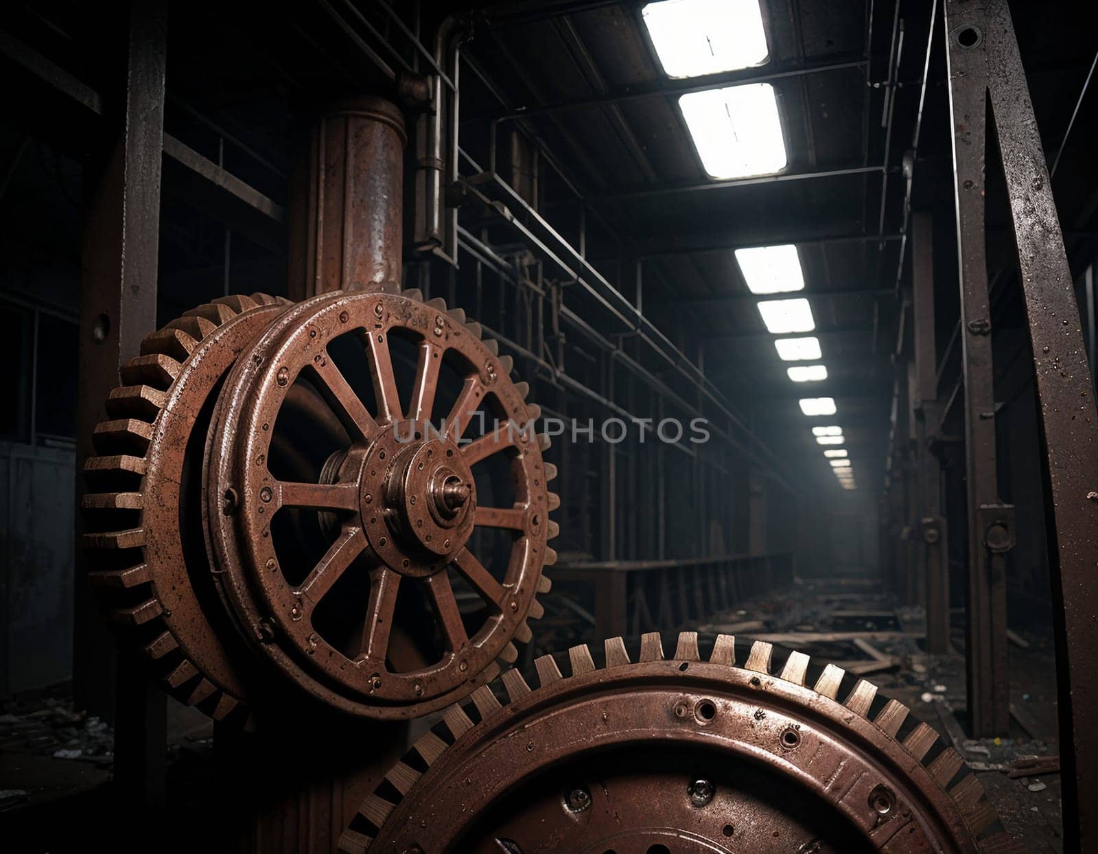 A gloomy background in the style of dystopia and steampunk. Vintage gears and mechanisms in an abandoned factory