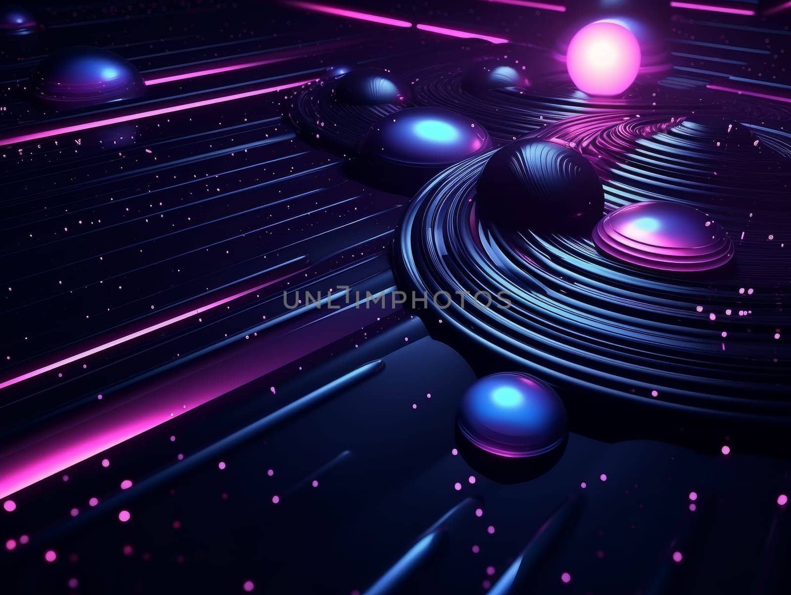 3D Abstract technology, purple and blue neon background of lines and dots, science and technology business concept of digital future technologies. AI