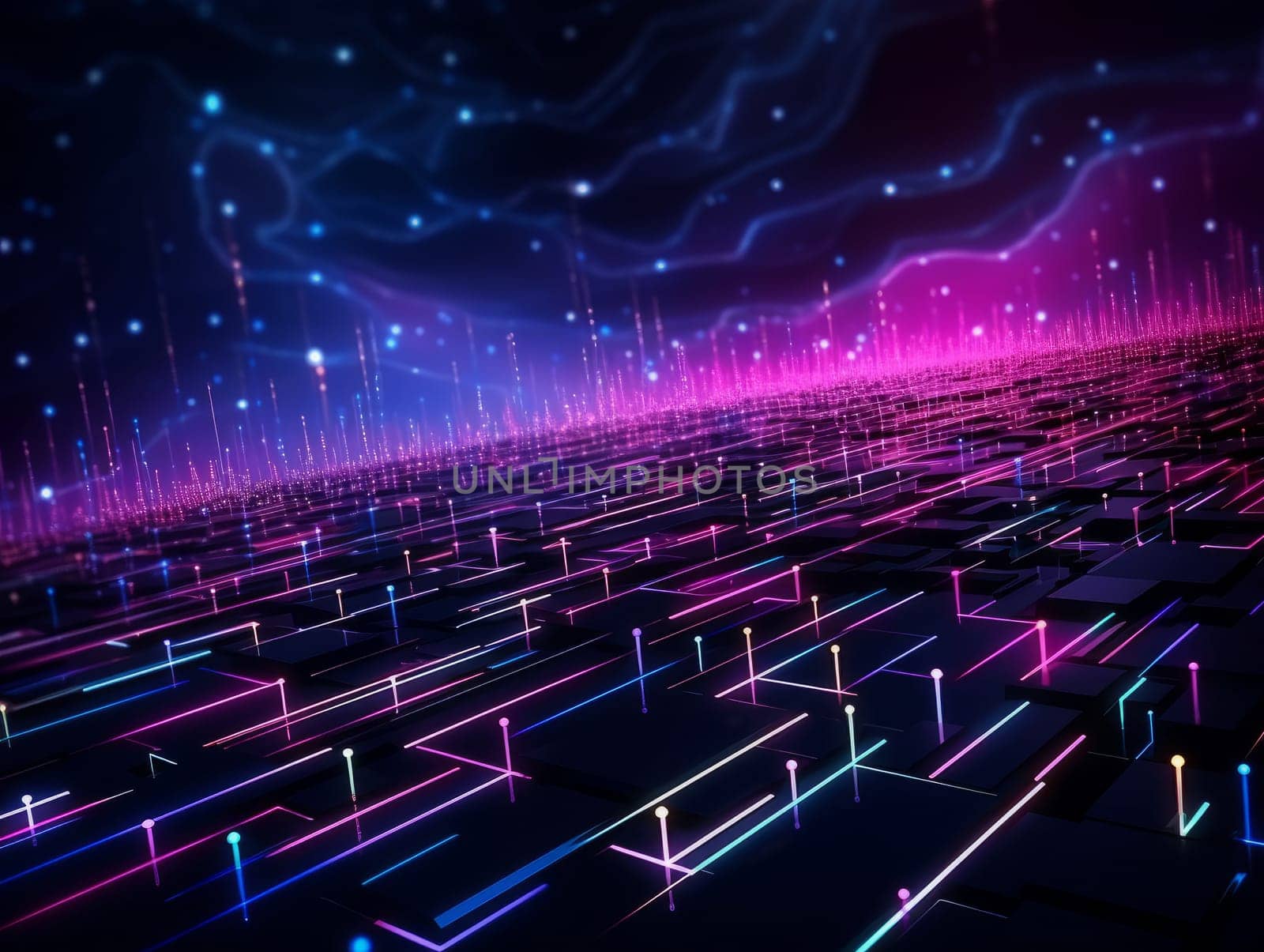 3D Abstract technology, purple and blue neon background of lines and dots, science and technology business concept of digital future technologies. AI