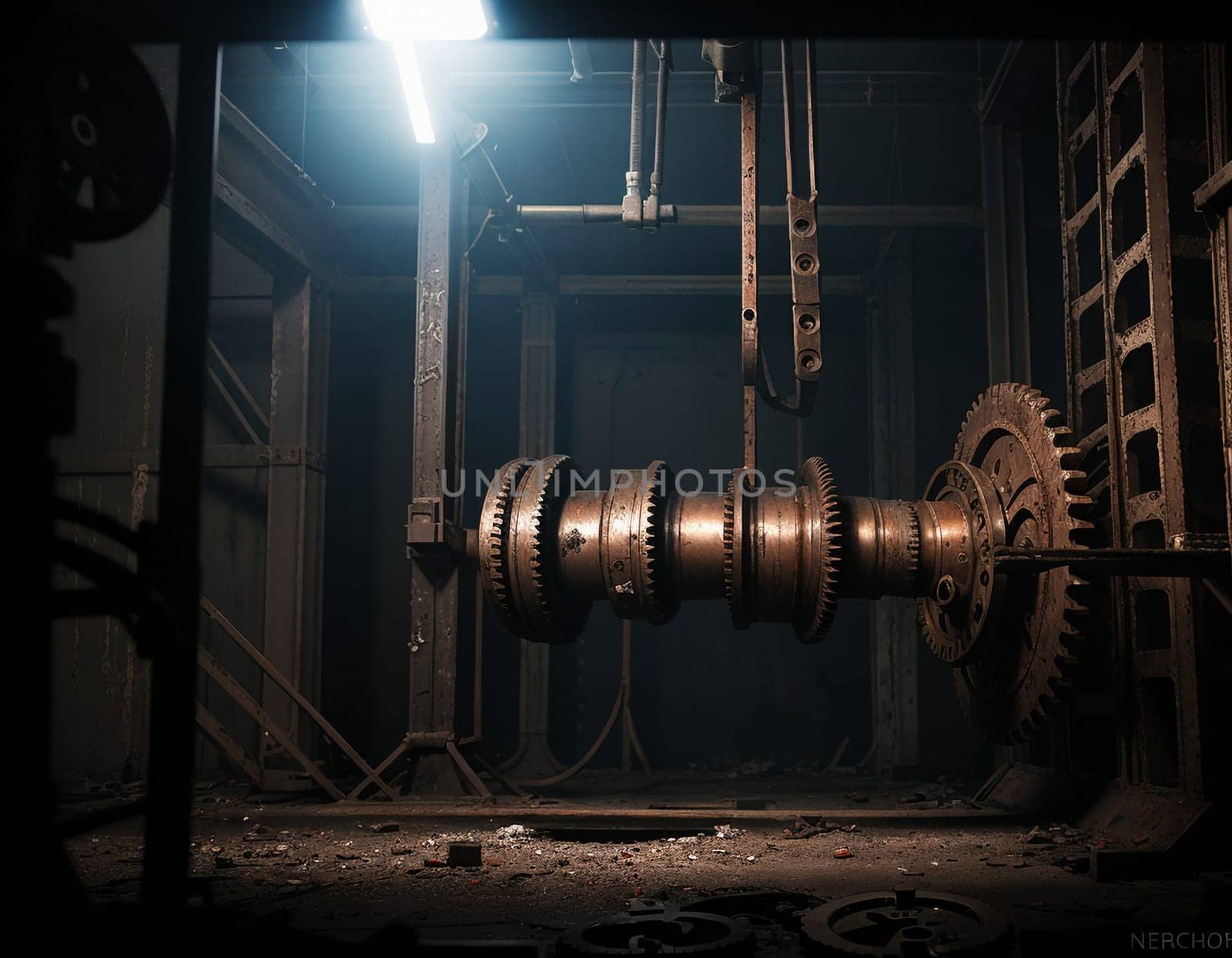 A gloomy background in the style of dystopia and steampunk. Vintage gears and mechanisms in an abandoned factory