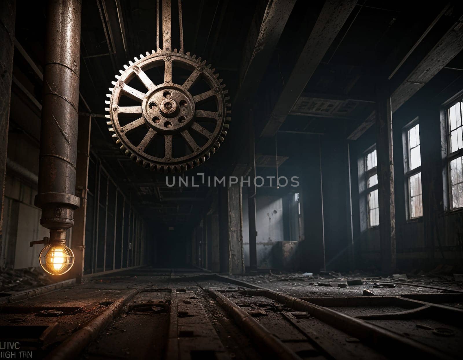 A gloomy background in the style of dystopia and steampunk. Vintage gears and mechanisms in an abandoned factory