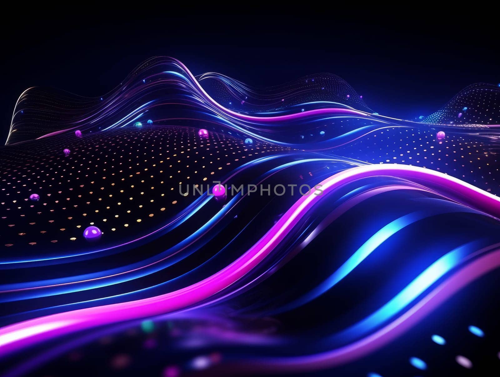 3D Abstract technology, purple and blue neon futuristic waves, science and technology business concept of digital future technologies. AI