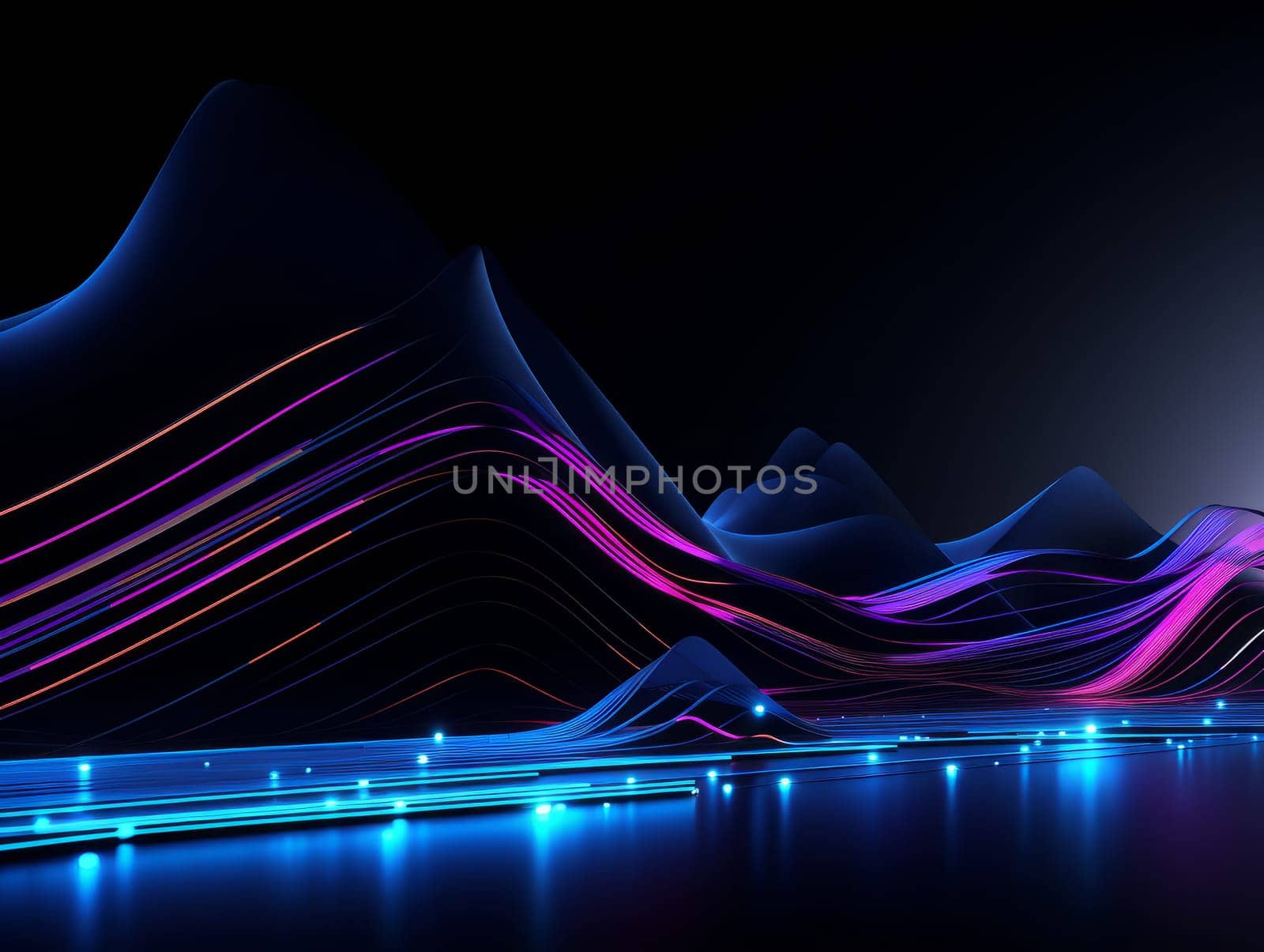 3D Abstract technology, purple and blue neon background of lines and dots, science and technology business concept of digital future technologies. AI