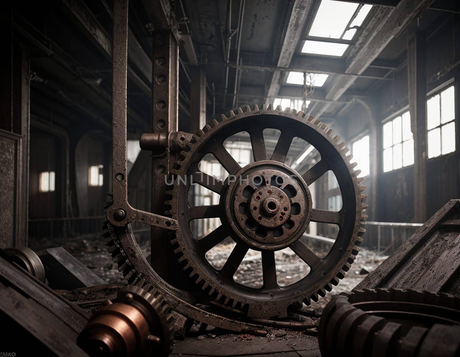 A gloomy background in the style of dystopia and steampunk. Vintage gears and mechanisms in an abandoned factory