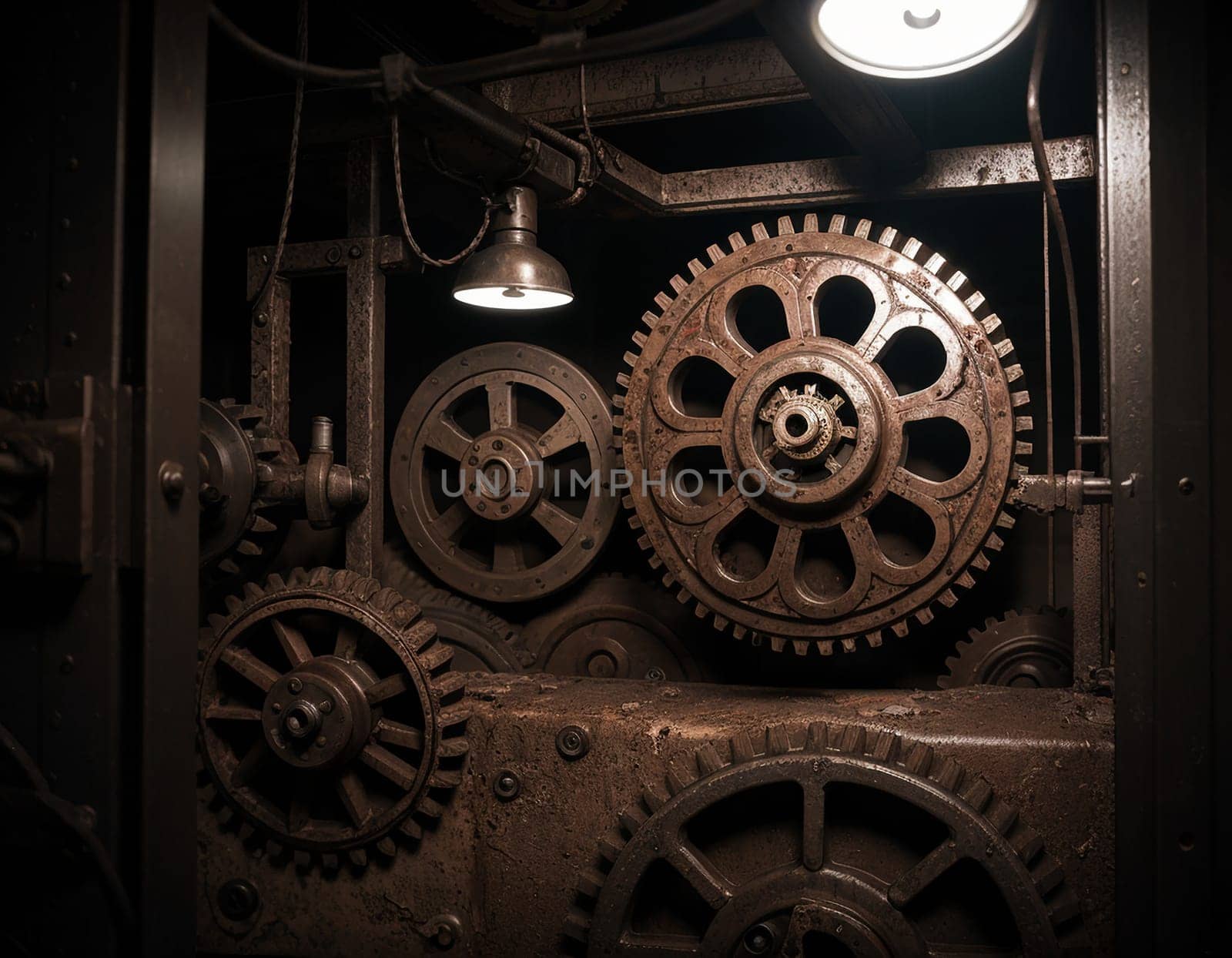 A gloomy background in the style of dystopia and steampunk. Vintage gears and mechanisms in an abandoned factory