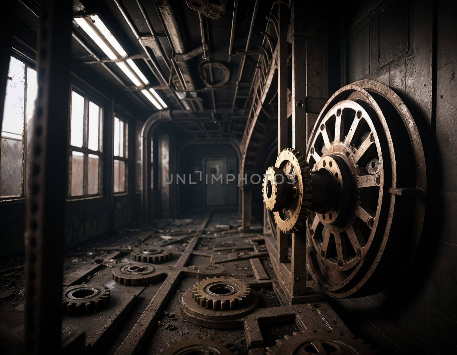 A gloomy background in the style of dystopia and steampunk. Vintage gears and mechanisms in an abandoned factory